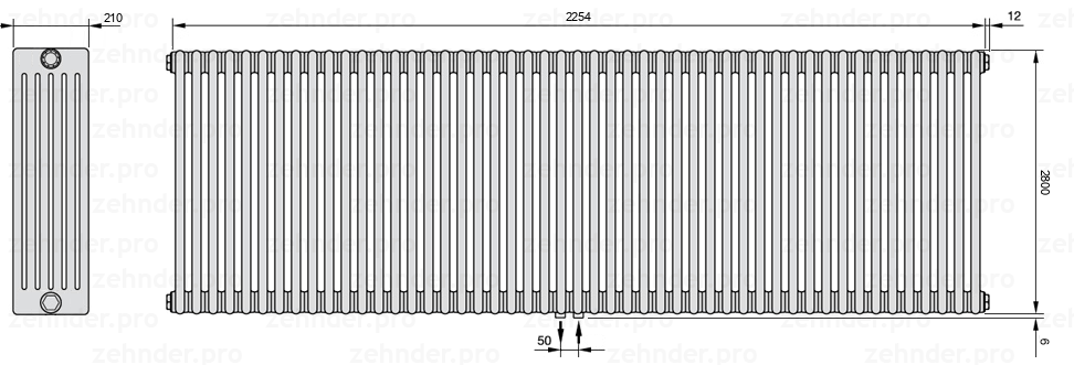 Схема (чертеж) Радиатор Zehnder Charleston 6280/49 №5410 Белый глянцевый RAL 9016